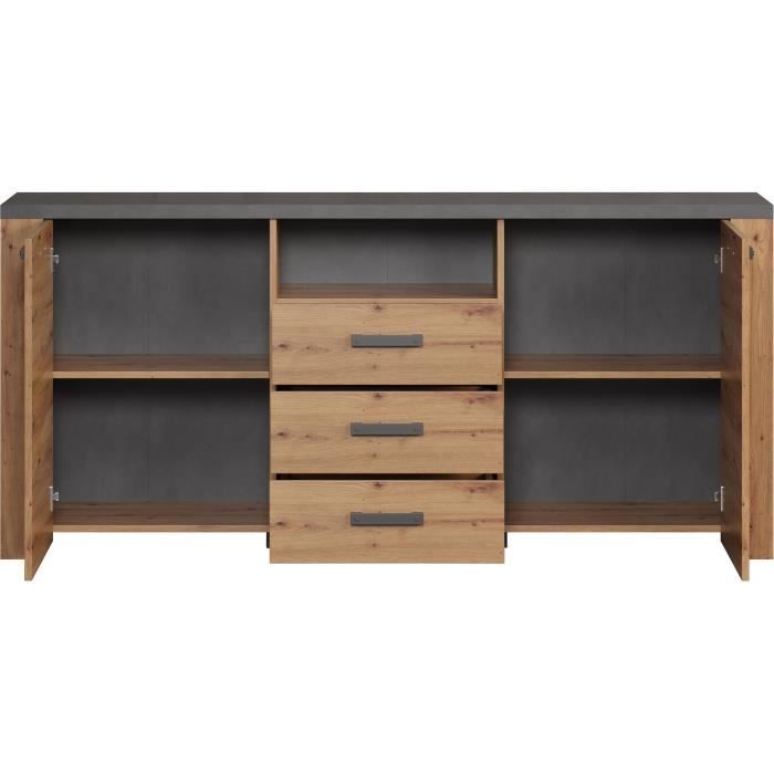 Buffet FOLLOW - Mélamine chene artisan et gris ardoise - 2 Portes + 3 Tiroirs - L180 x P40 x H83 cm - TRENDTEAM