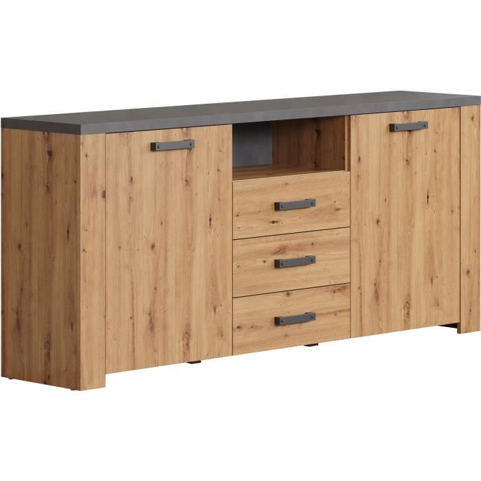 Buffet FOLLOW - Mélamine chene artisan et gris ardoise - 2 Portes + 3 Tiroirs - L180 x P40 x H83 cm - TRENDTEAM