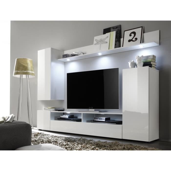 Ensemble meuble TV DOS - éclairage LED inclus - 3 Portes - Mélamine blanc mat et brillant - L208 x P33 x H165 cm