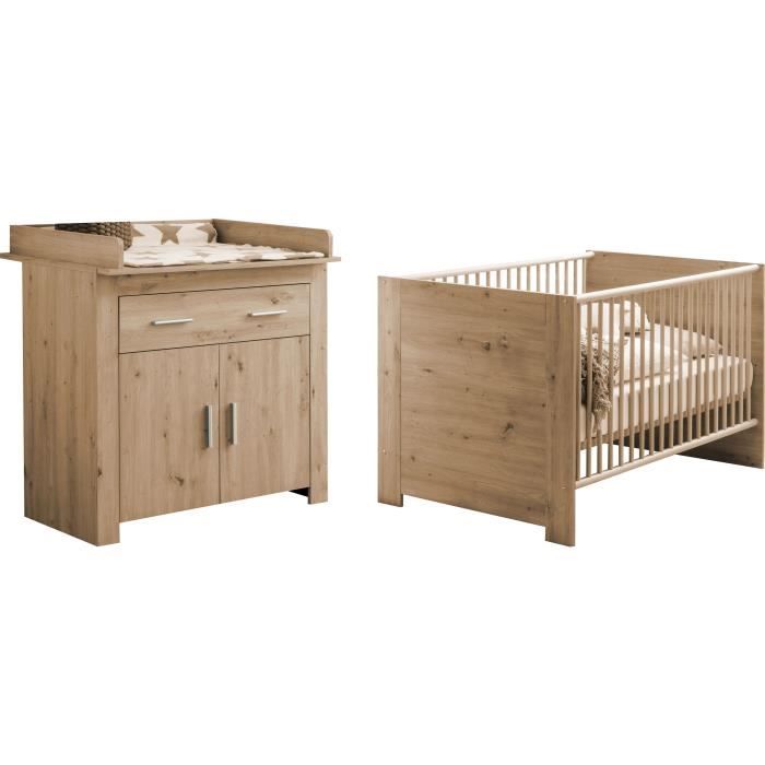 Chambre bÈbÈ Duo : Lit 70 x 140 cm + Commode a langer AHOI - Chene - TREND TEAM