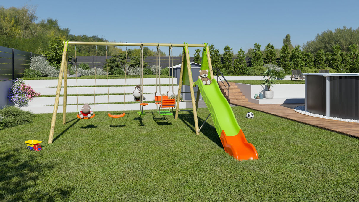 Portique bois et métal - 2,30m - 2 balançoires, 1 face a face, 1 nacelle et 1 toboggan 2,63m - KAHUNA TRIGANO