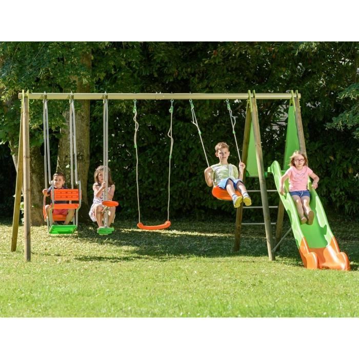 Portique bois et mÈtal - 2,30m - 2 balanÁoires, 1 face a face, 1 nacelle et 1 toboggan 2,63m - KAHUNA TRIGANO