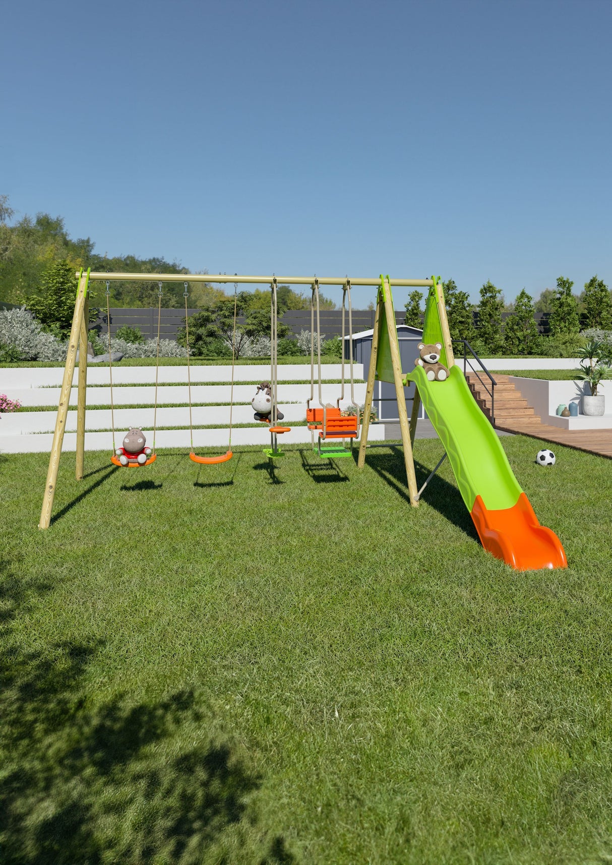 Portique bois et métal - 2,30m - 2 balançoires, 1 face a face, 1 nacelle et 1 toboggan 2,63m - KAHUNA TRIGANO