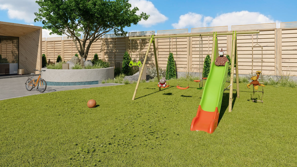 Station de jeux bois poutre métal TECHWOOD MAKUTA 2,30 m + toboggan 8 enfants