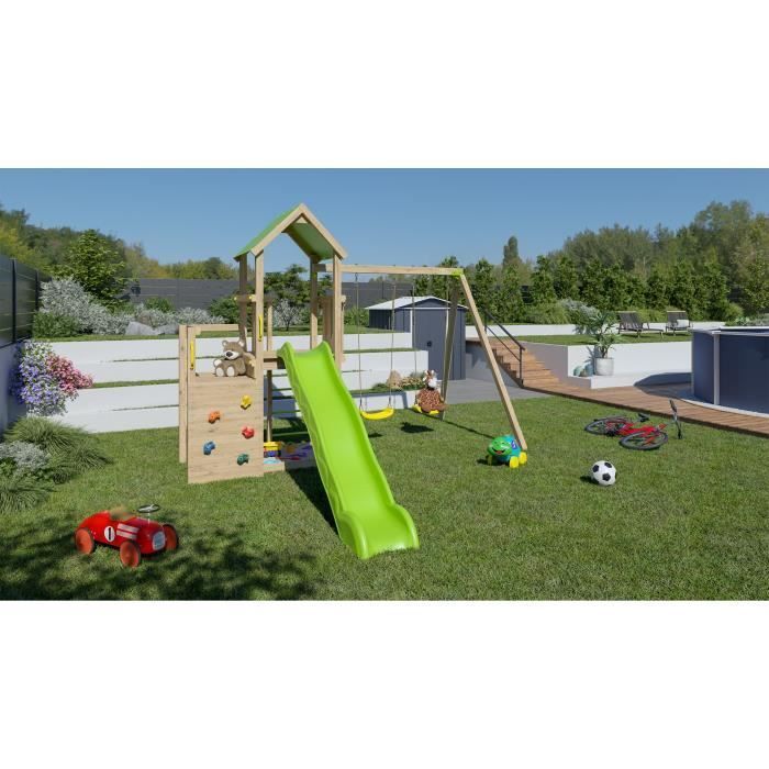 TRIGANO Aire de jeux en bois 2,20 m ULTRA XPERIENCE - Mur d'escalade toboggan et balançoires - 8 enfants