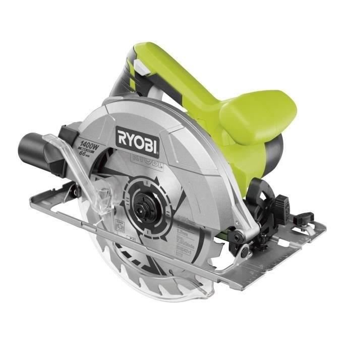 RYOBI - Scie circulaire 1 400 W - 1 lame diam. 190 mm 20 dents, 1 guide parallele, 1 buse d'aspiration et clé de service - RCS1400-G