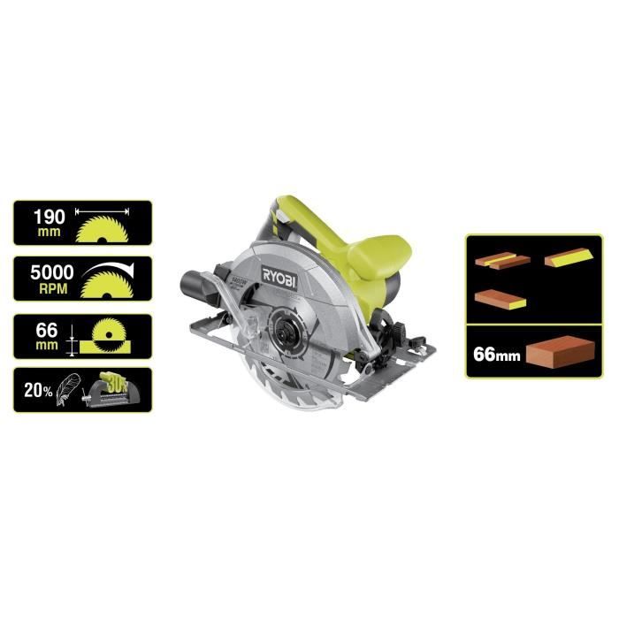 RYOBI - Scie circulaire 1 400 W - 1 lame diam. 190 mm 20 dents, 1 guide parallele, 1 buse d'aspiration et clé de service - RCS1400-G