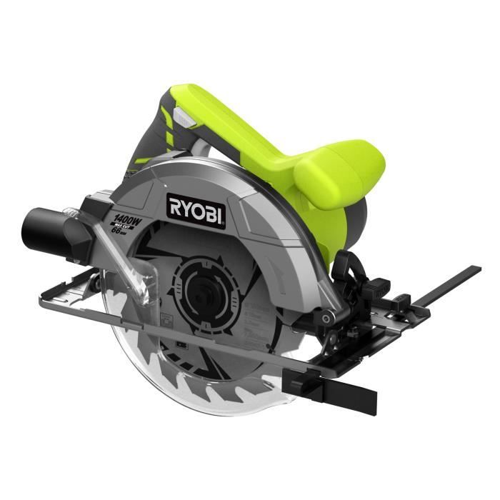 RYOBI - Scie circulaire 1 400 W - 1 lame diam. 190 mm 20 dents, 1 guide parallele, 1 buse d'aspiration et clé de service - RCS1400-G