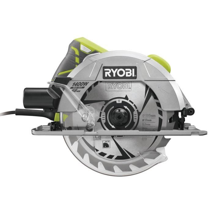 RYOBI - Scie circulaire 1 400 W - 1 lame diam. 190 mm 20 dents, 1 guide parallele, 1 buse d'aspiration et clé de service - RCS1400-G