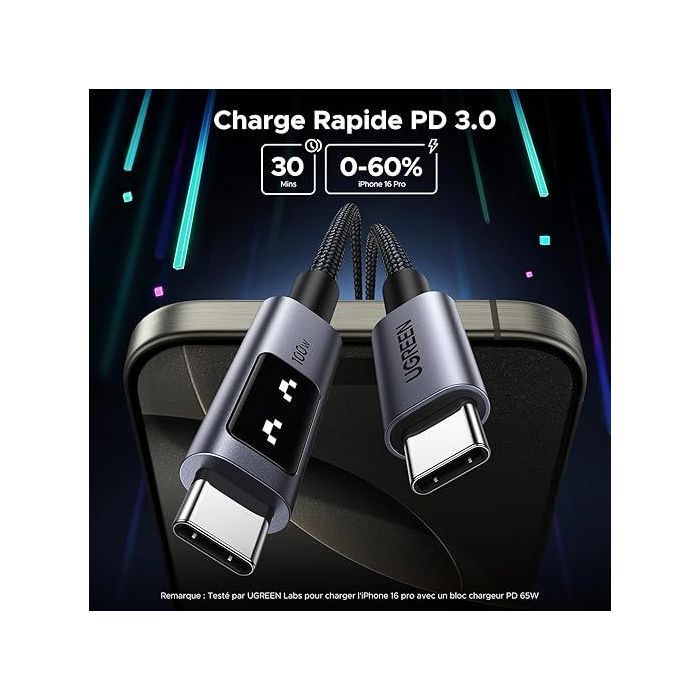 Câble data USB-C vers USB-C - UGREEN - PD 100W - Nylon - 1 m - Noir