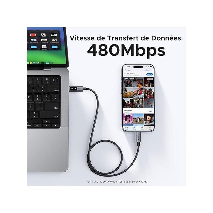 Câble USB-C - UGREEN - Câble data USB-C a USB-C PD 100W - Nylon tressé - 2 m - Noir