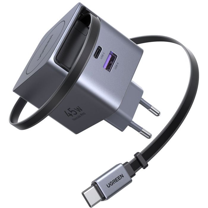 Chargeur secteur - UGREEN - 45W - USB-A et USB-C - Rétractable - Noir
