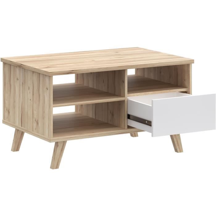 Table basse - VANKKA - Rectangulaire - Chene / Blanc mat - Pieds en bois - 90 x 60 x 51,8 cm