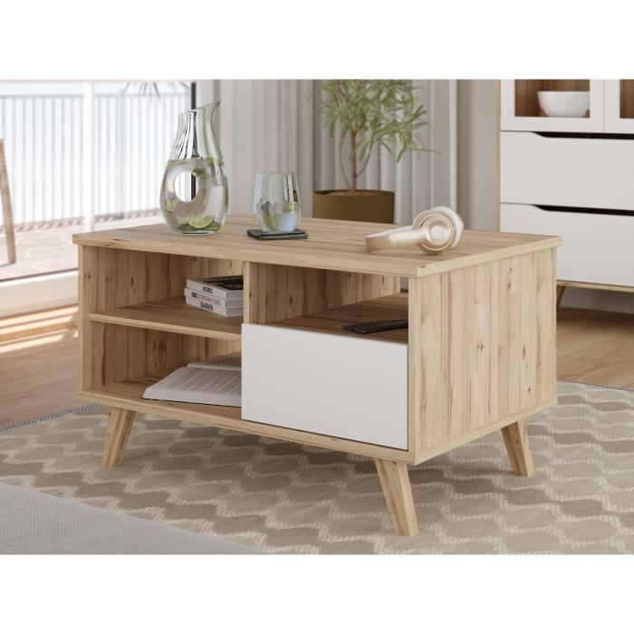 Table basse - VANKKA - Rectangulaire - Chene / Blanc mat - Pieds en bois - 90 x 60 x 51,8 cm