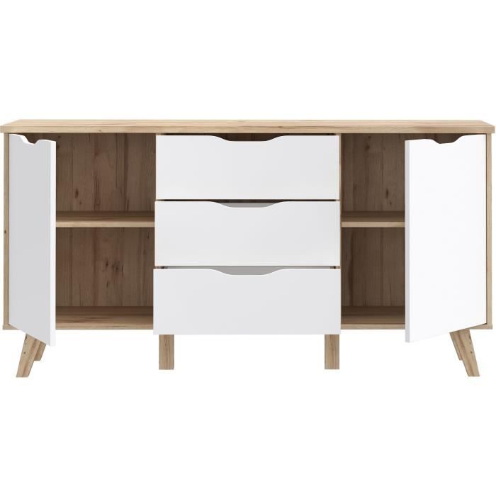 Buffet 150 cm - VANKKA - Chene / Blanc mat - 2 portes - 3 tiroirs