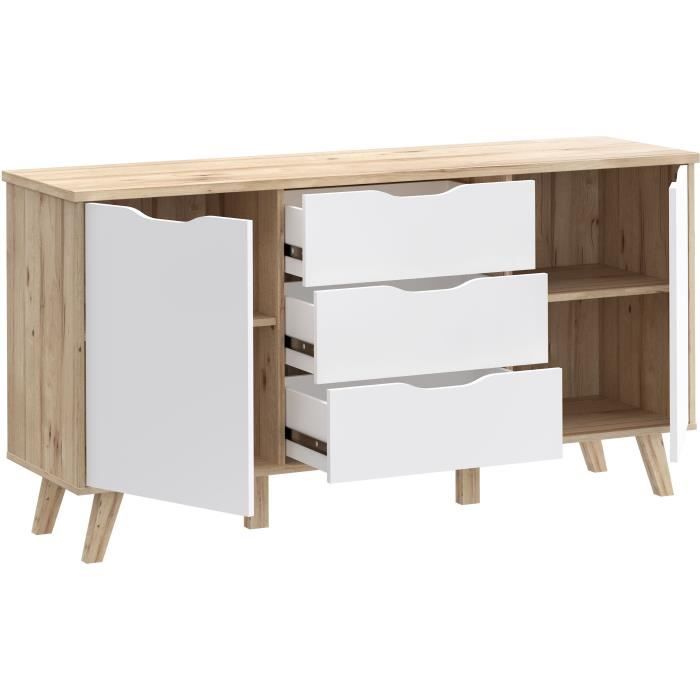 Buffet 150 cm - VANKKA - Chene / Blanc mat - 2 portes - 3 tiroirs