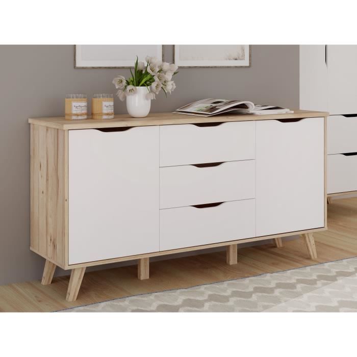 Buffet 150 cm - VANKKA - Chene / Blanc mat - 2 portes - 3 tiroirs