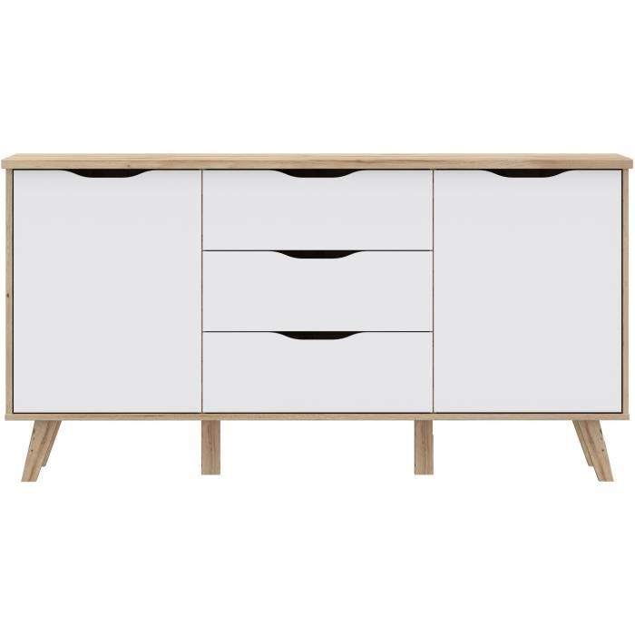 Buffet 150 cm - VANKKA - Chene / Blanc mat - 2 portes - 3 tiroirs