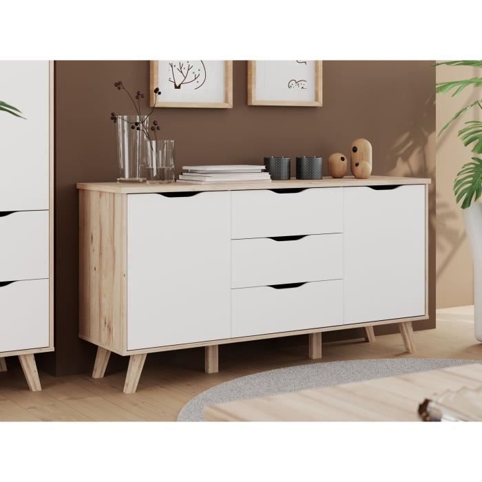 Buffet 150 cm - VANKKA - Chene / Blanc mat - 2 portes - 3 tiroirs