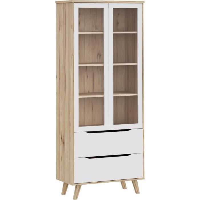 Vitrine - VANKKA - 2 portes vitrées - Chene / Blanc mat - 84,7 x 41,7 x 201,5 cm