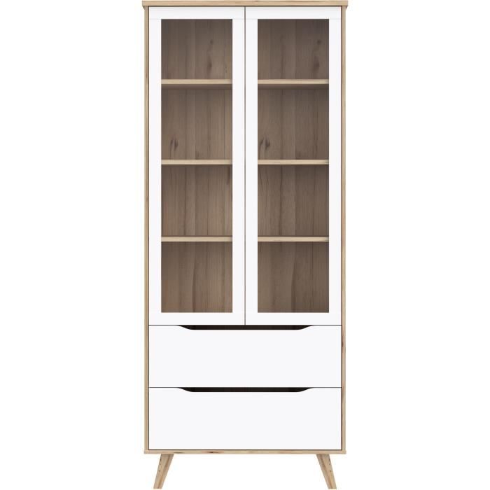 Vitrine - VANKKA - 2 portes vitrées - Chene / Blanc mat - 84,7 x 41,7 x 201,5 cm