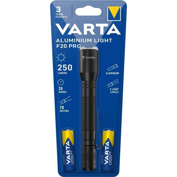 Torche- VARTA-Aluminium Light F20 Pro-250lm-LED hautes performances-3 modes d'Èclairage-clip poche-2 Piles AA incluses