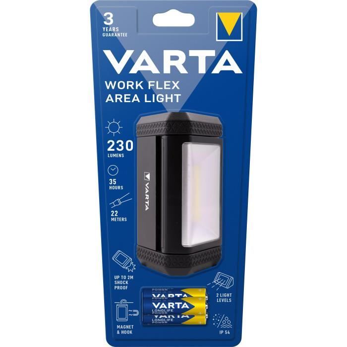 Petit projecteur-VARTA-Work Flex Area Light-230lm-IdÈal pour le bricolage-orientable-aimantÈ-crochet-IP54-3 Piles AA incluses