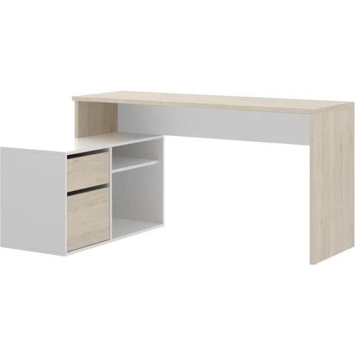 Bureau d'angle rÈversible avec rangement - DÈcor chene et blanc - Essentiel - L 139 x P 92 x H 75 cm