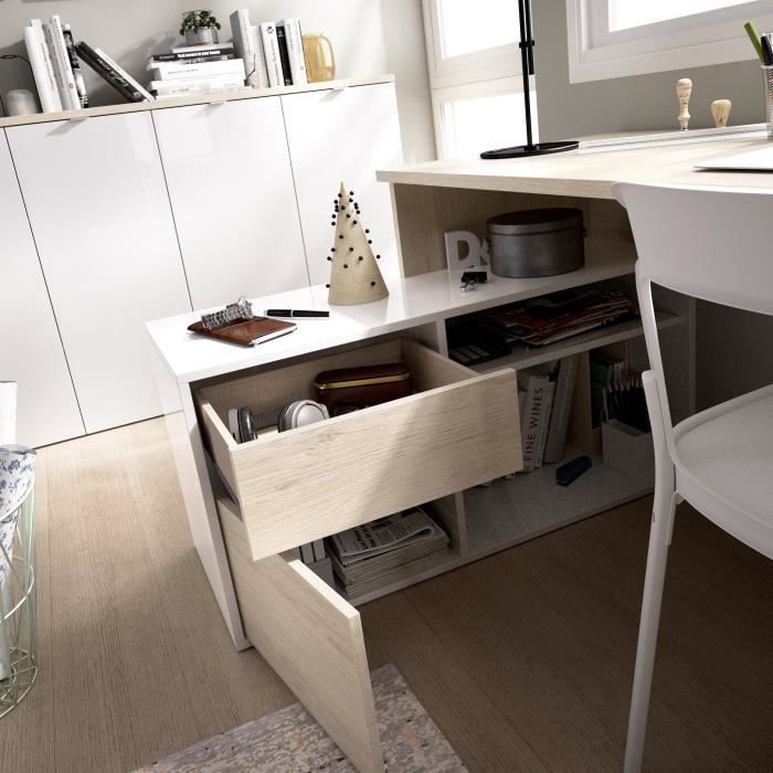Bureau d'angle rÈversible avec rangement - DÈcor chene et blanc - Essentiel - L 139 x P 92 x H 75 cm