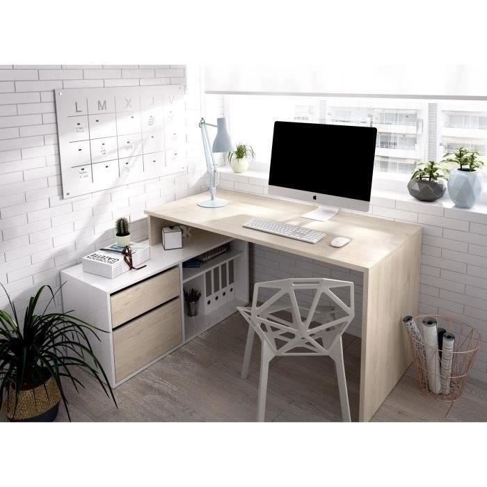 Bureau d'angle rÈversible avec rangement - DÈcor chene et blanc - Essentiel - L 139 x P 92 x H 75 cm