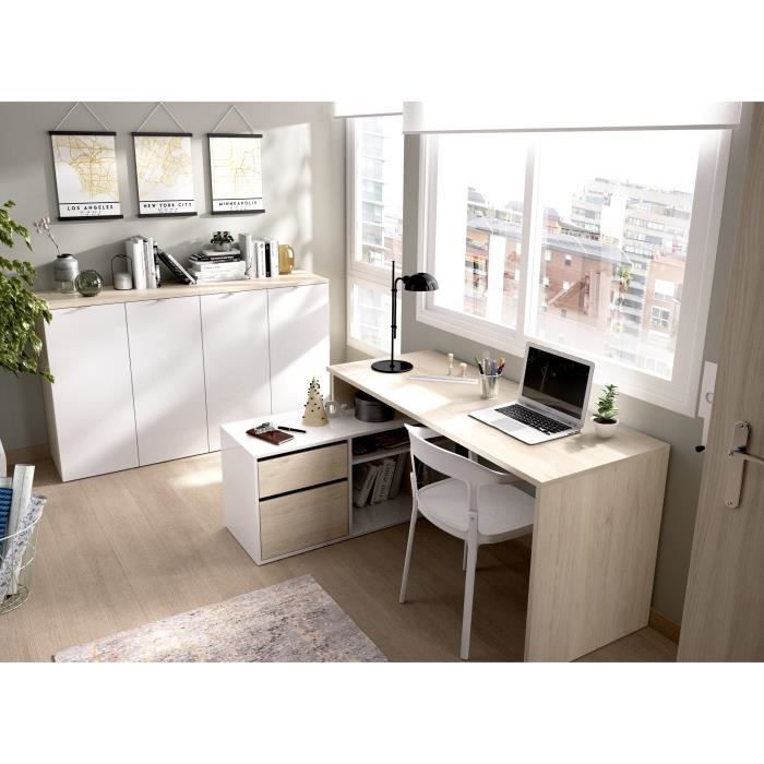 Bureau d'angle rÈversible avec rangement - DÈcor chene et blanc - Essentiel - L 139 x P 92 x H 75 cm