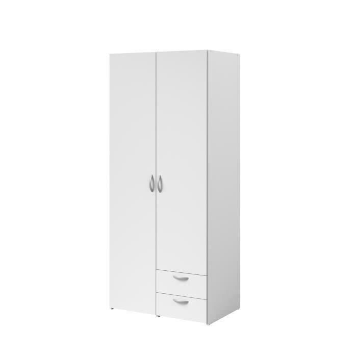 Armoire VARIA - DÈcor blanc - 2 portes battantes + 2 tiroirs - L 81 cm x H 185 x P 51 cm - PARISOT