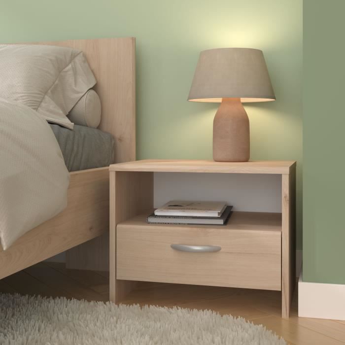 Chambre complete adulte VARIA - Lit 140x190/200 + 2 chevets + 1 commode + 1 armoire avec miroir - Décor Chene - PARISOT