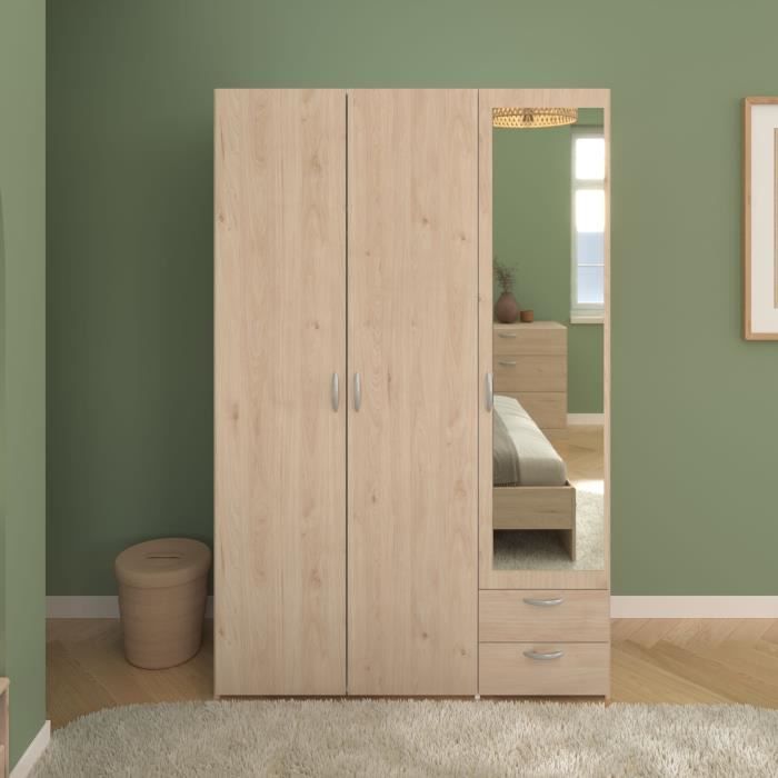 Chambre complete adulte VARIA - Lit 140x190/200 + 2 chevets + 1 commode + 1 armoire avec miroir - Décor Chene - PARISOT