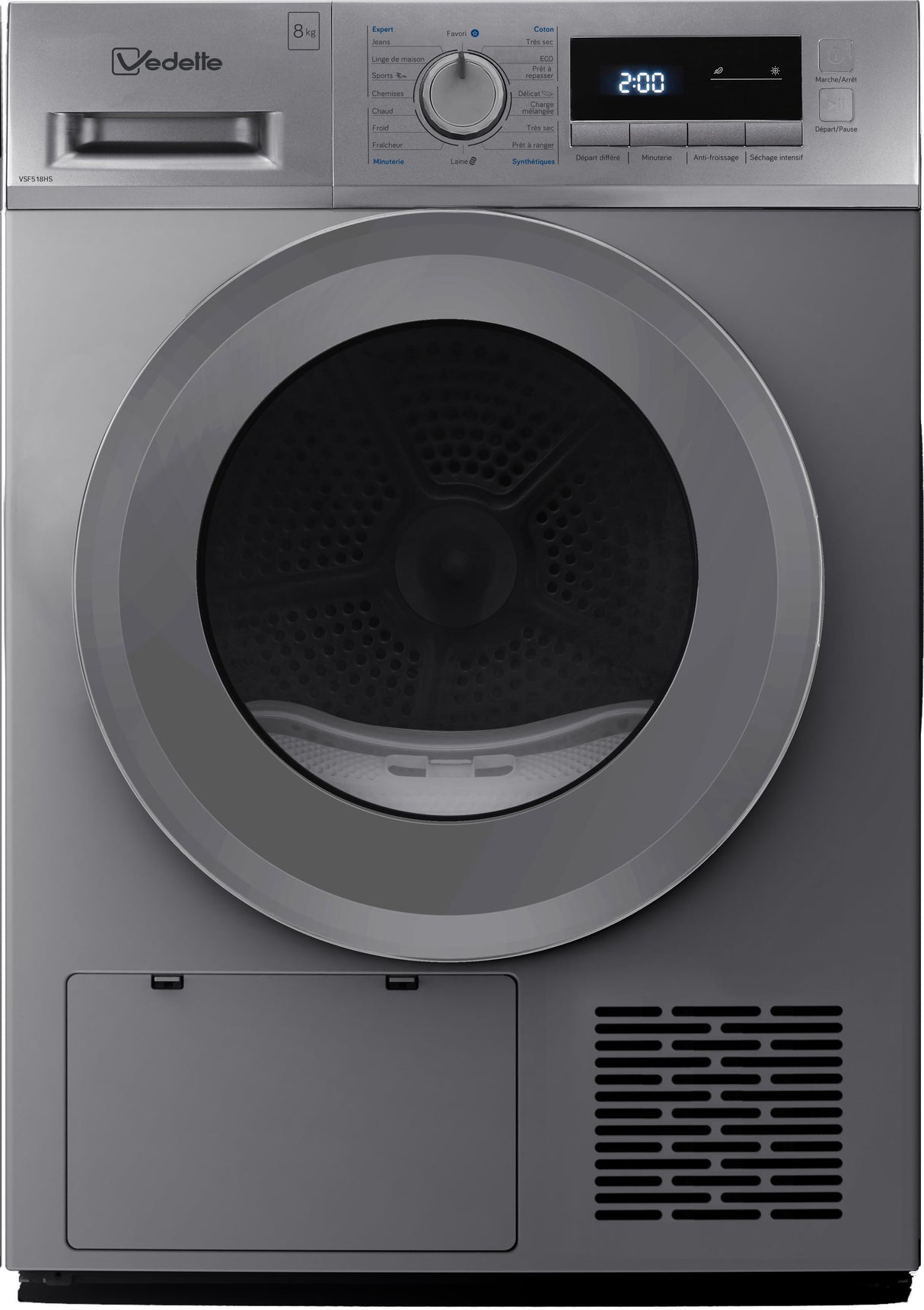 Seche-linge pompe a chaleur VEDETTE VSF518HS - 8 kg - Classe D - Silver