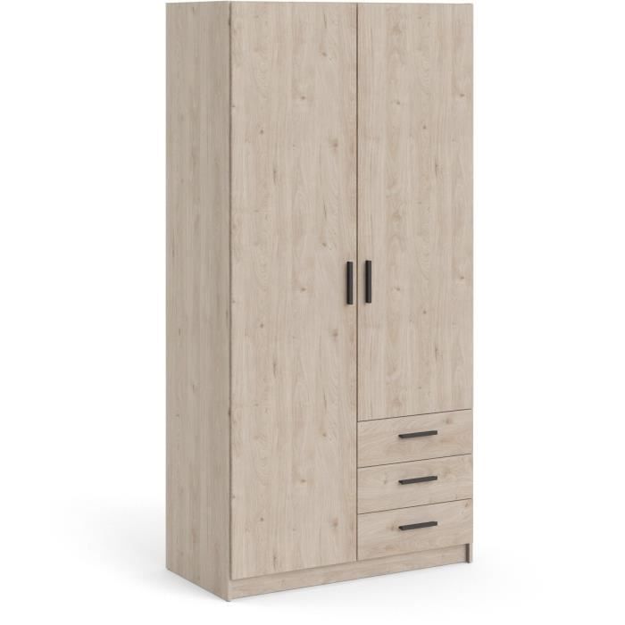 Armoire VEGA - Décor chene - 2 portes + 3 tiroirs - L 98,5 x P 49,6 x H 200,4 cm
