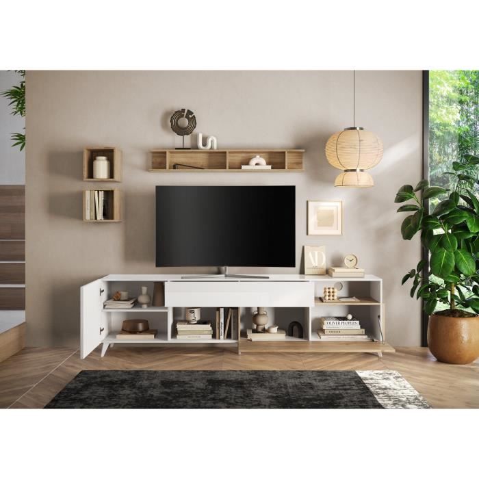 Meuble Tv - MONTECARLO XXL - 1 porte - 2 tiroirs - Blanc laqué / Chene Cadiz - 241 x 43 x 67 cm