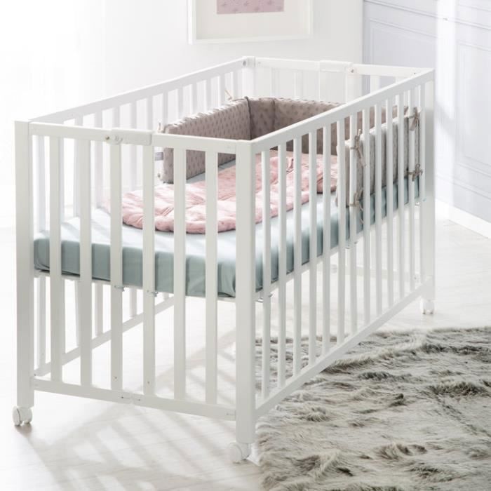 Lit bébé pliant - 60 x 120 cm - ROBA - FOLD UP - Roulettes - Blanc