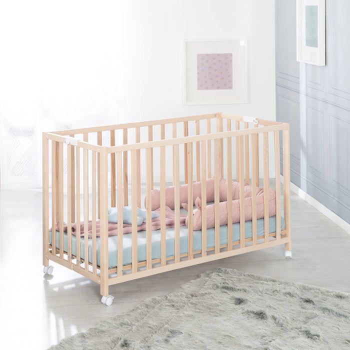 Lit bébé pliant - 60 x 120 cm - ROBA - FOLD UP - Roulettes - Bois naturel