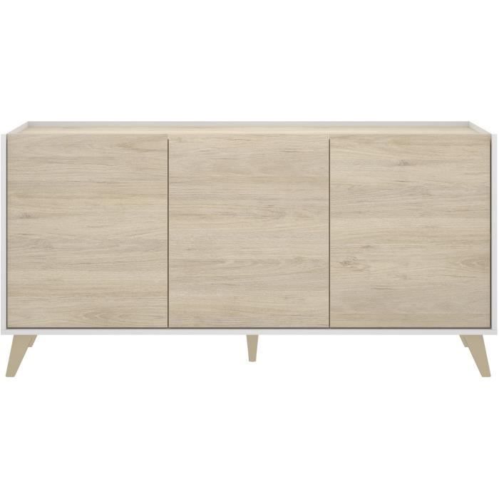 Buffet bas NESS - MÈlamine DÈcor bois clair et blanc - 3 Portes - L 155 x P 43 x H 75 cm