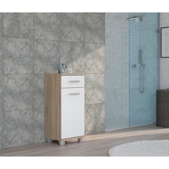 Meuble bas de salle de bain - L40,2 x P34,8 x H 90,8cm - Blanc et Chene - VERIS