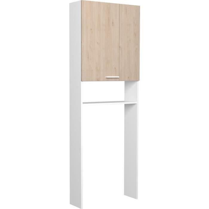 Colonne sanitaire / WC - Décor Chene et Blanc - 2 portes - Salle de bain / buanderie - L64,2 x P21,8 x H184 cm - WOODY