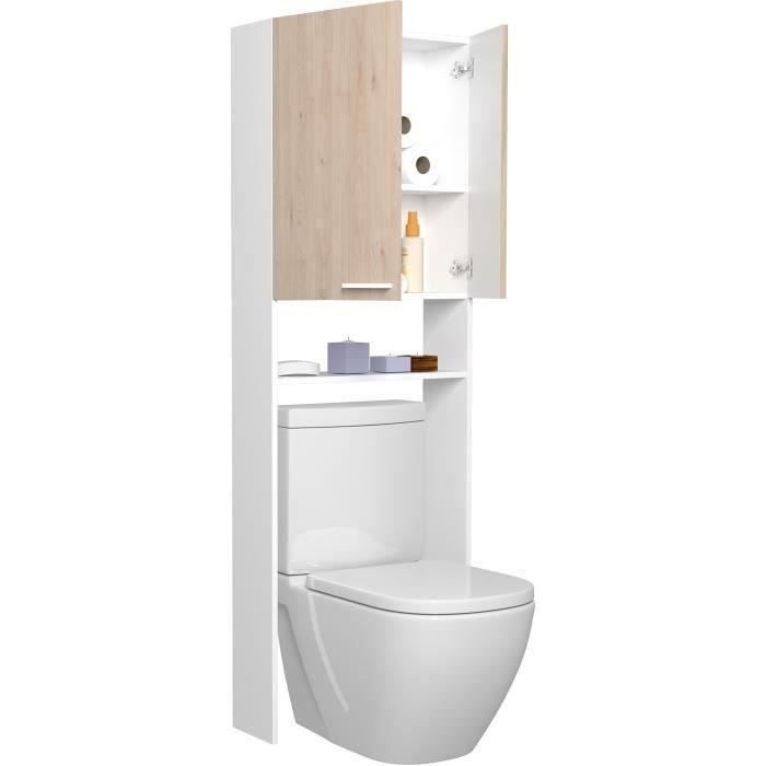 Meuble étageres WC - Décor Chene et Blanc - 2 portes - Salle de bain / buanderie - L64,2 x P21,8 x H184 cm - WOODY