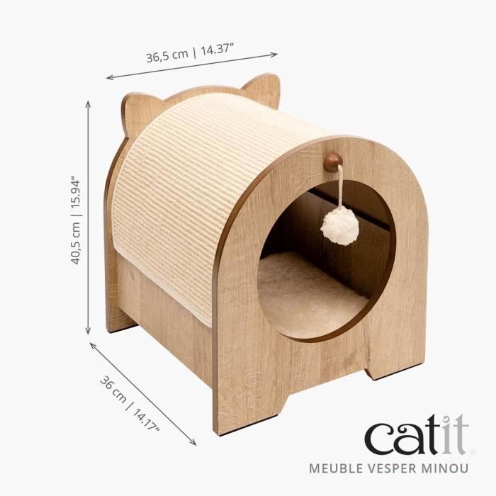 Meuble a griffer pour chat - CATIT - Vesper Minou - Tapis a griffer en sisal remplaçable - Aspect chene - L. 36 x l. 37 x H. 40