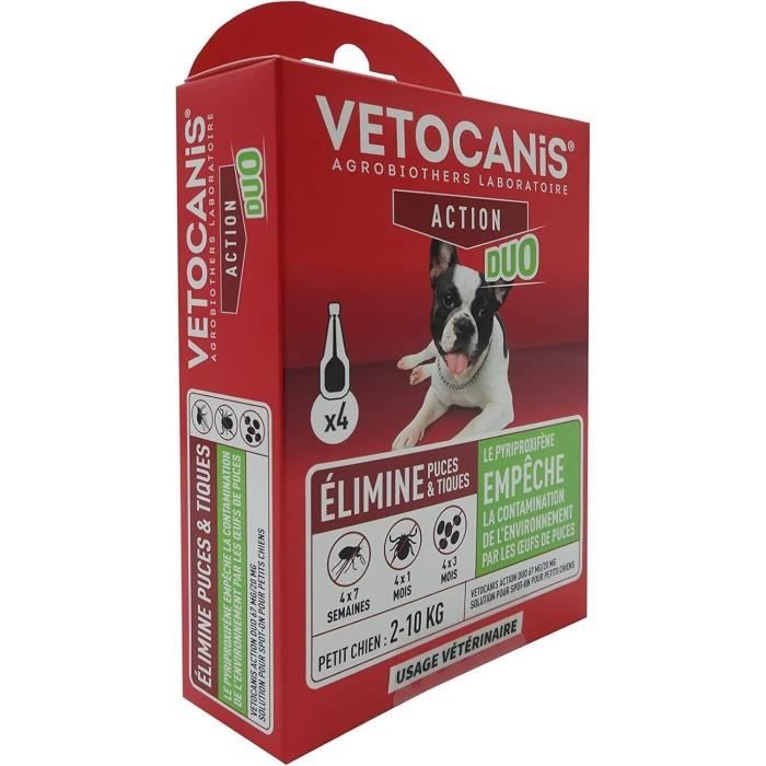 Pipettes - VETOCANIS - x4 Pipettes Anti-puces et tiques Duo 67mg/20mg pour Petits Chiens