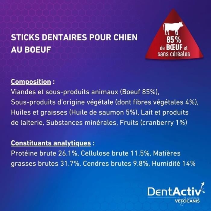 DentActiv - 7 Bâtonnets - VETOCANIS - 7 Bâtonnets Hygiene Bucco-Dentaire au Boeuf pour Chien 15kg+