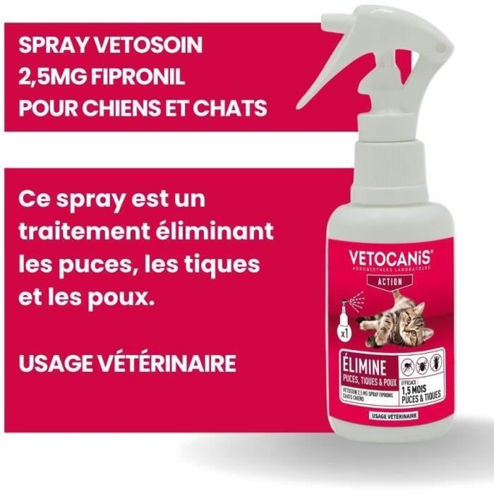 Spray Fipronil anti-puces et tiques - VETOCANIS - 2,5 mg pour Chien et Chat - 100ml