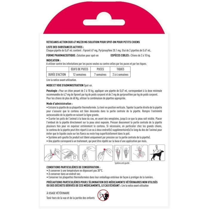 Pipettes antiparasitaire - VETOCANIS - Pipettes Action Duo 67mg/20mg Solution pour Petits Chiens