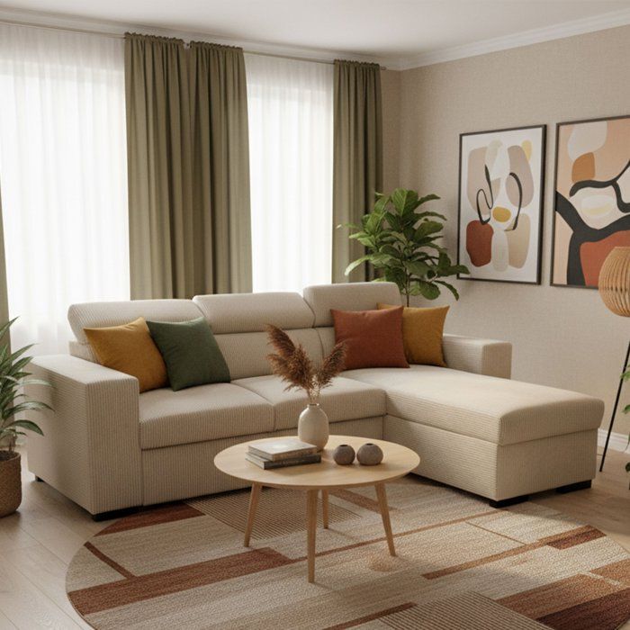 Canapé d'angle convertible réversible - 4 places - VICOMTE - Velours côtelé Beige - Coffre - 237 x 167 x 88 cm