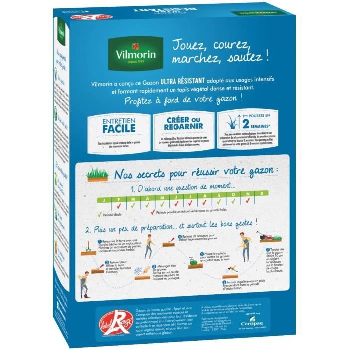 Semences de gazon VILMORIN - Ultra Résistant boite de 1kg- Label Rouge - Résistant aux piétinements